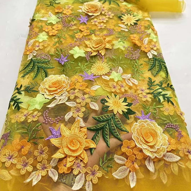 Wedding Supply Wholesale - قماش دانتيل شبكي مطرز بالزهور ثلاثي