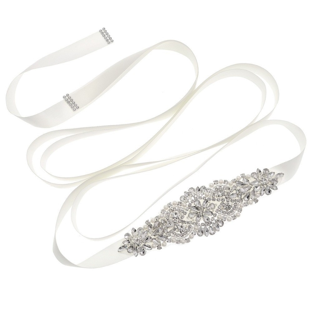 Bridal Sash Ribbon - حزام زفاف أنيق بشريط فضي طويل